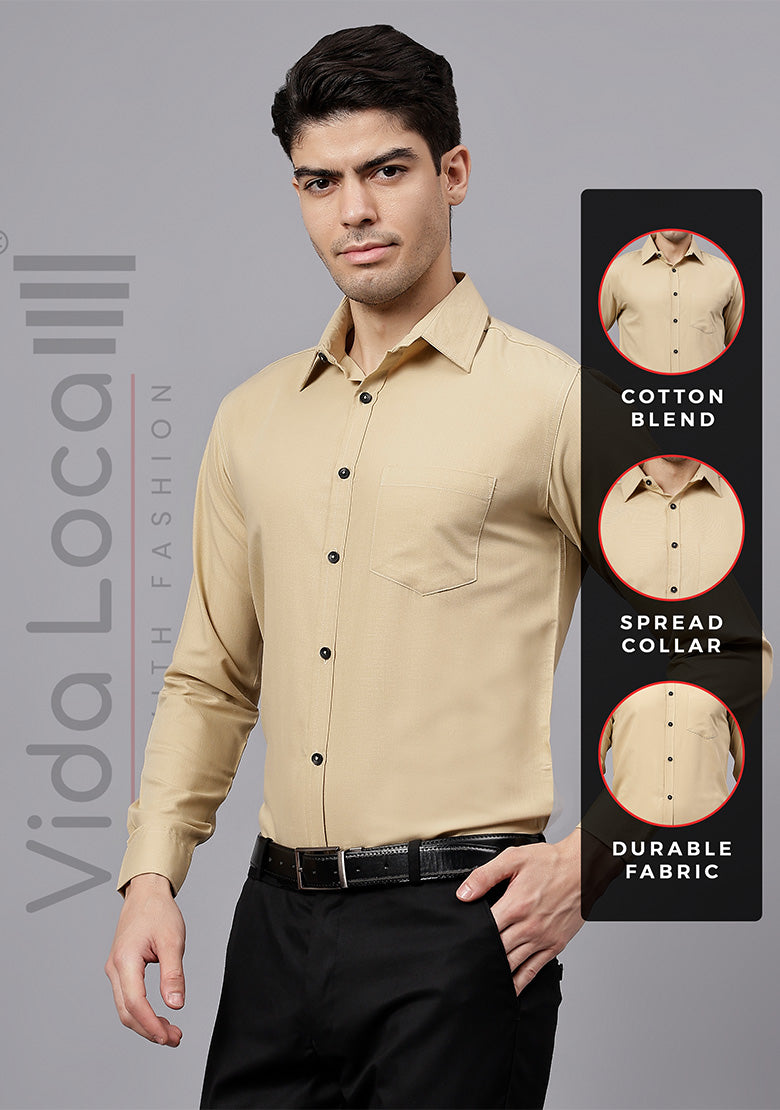 Men's Cotton Blend Slim Fit Formal Shirt in Beige by BLUE ROBED, side view
