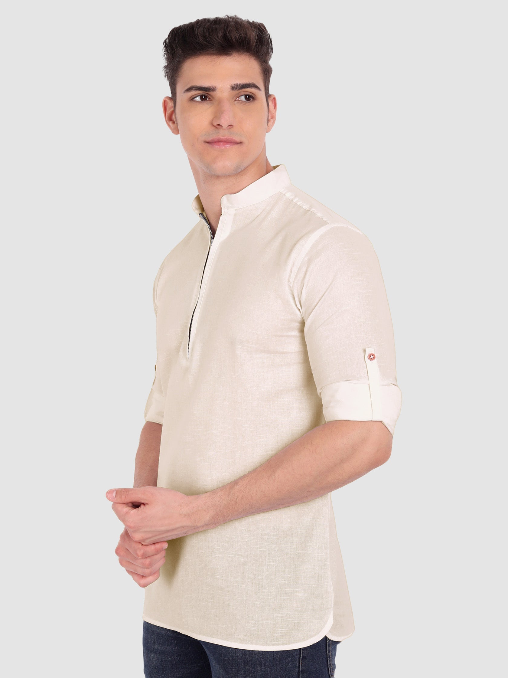 BLUE ROBED men's Casual ZIP Style Full Sleeve Cotton Kurta in Beige view 7