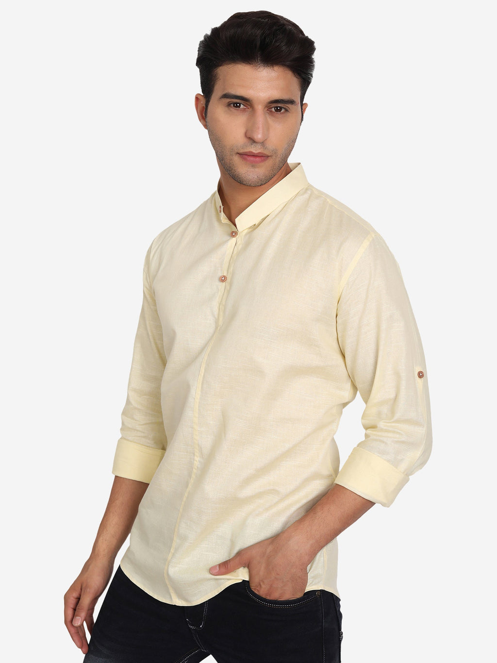 BLUE ROBED Men Double Button Slim Fit Casual Kurta in Beige view 2