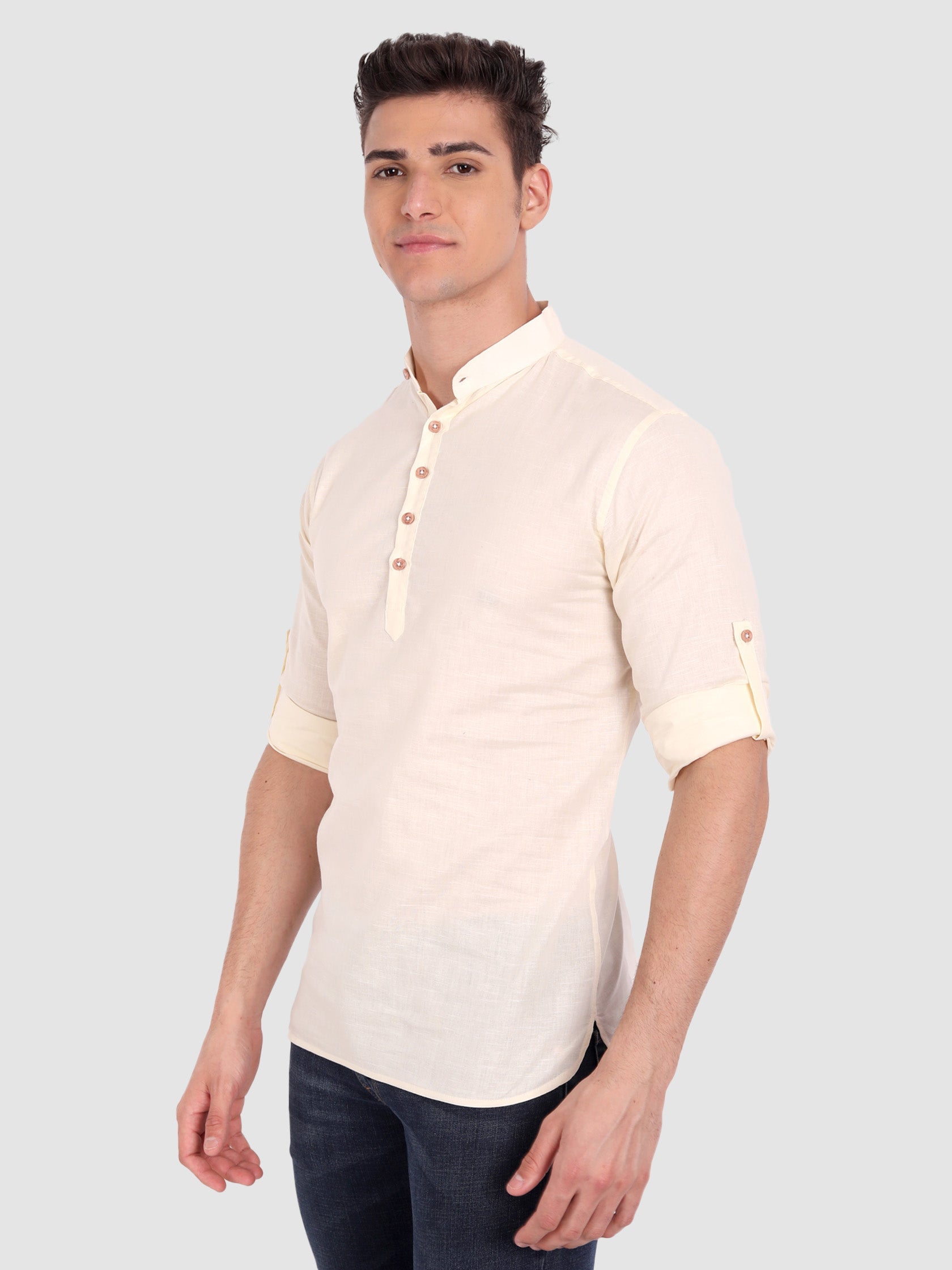 BLUE ROBED men's Casual Slim Fit Full Sleeve Cotton Kurta in Beige view 8