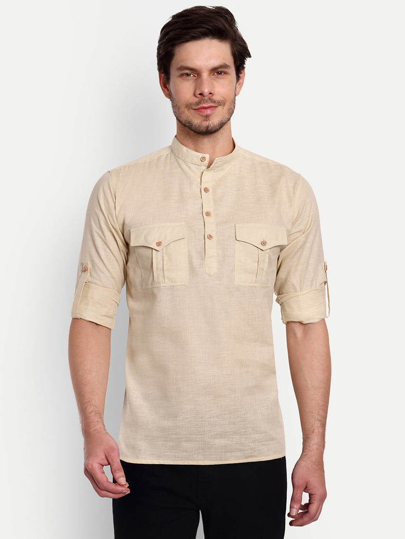 BLUE ROBED men's Casual Slim Fit Full Sleeve Double Pocket Cotton Trendy Kurta in Beige view 29