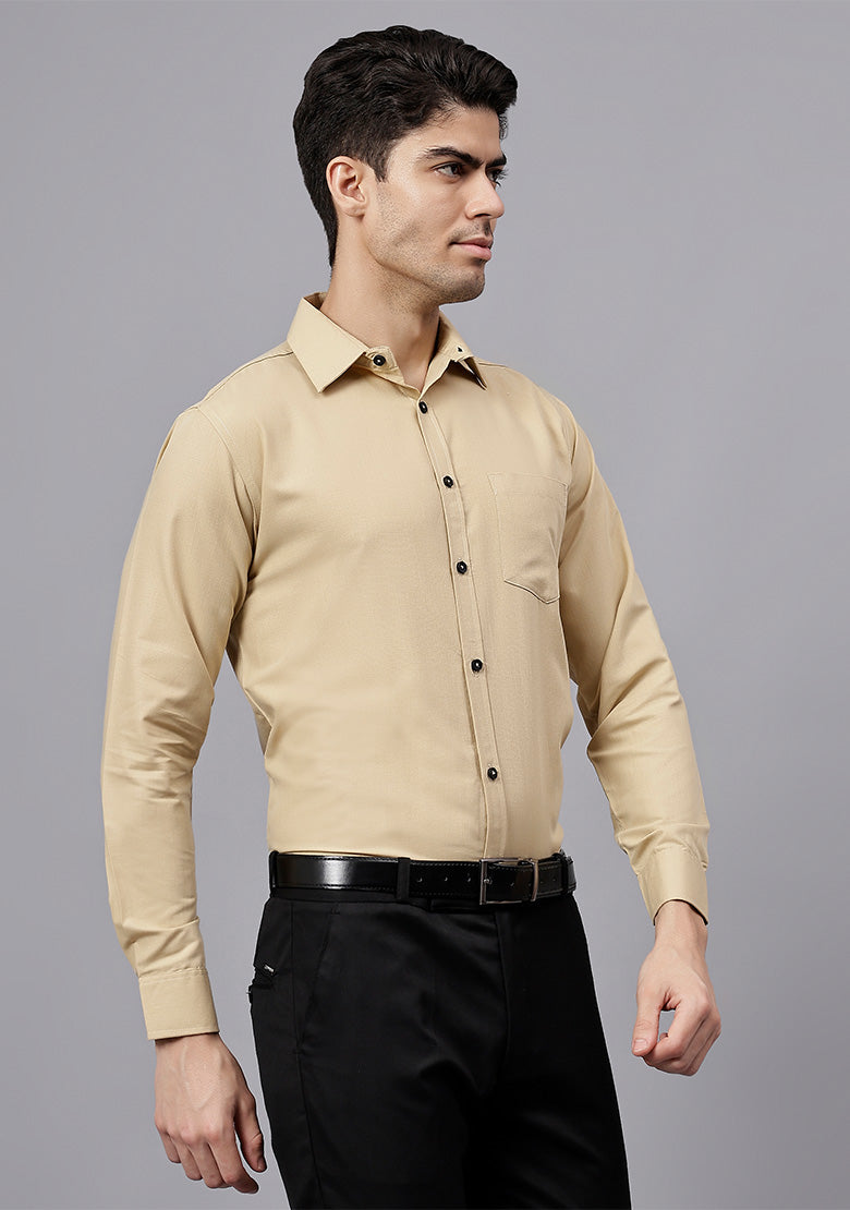 Men's Cotton Blend Slim Fit Formal Shirt in Beige by BLUE ROBED, front view