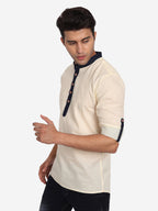 BLUE ROBED Men Slim Fit Contrast Collar Kurta in Beige view 11