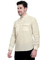 BLUE ROBED men's Casual Slim Fit Full Sleeve Double Pocket Cotton Kurta in Beige view 22