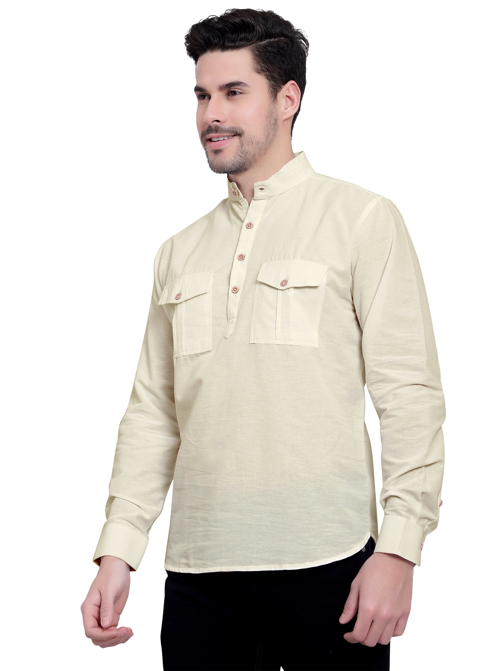BLUE ROBED men's Casual Slim Fit Full Sleeve Double Pocket Cotton Kurta in Beige view 22