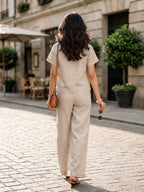 Women's Two Piece Set, Cream, V-Neck Top with Wide Leg Trousers, Short Sleeve