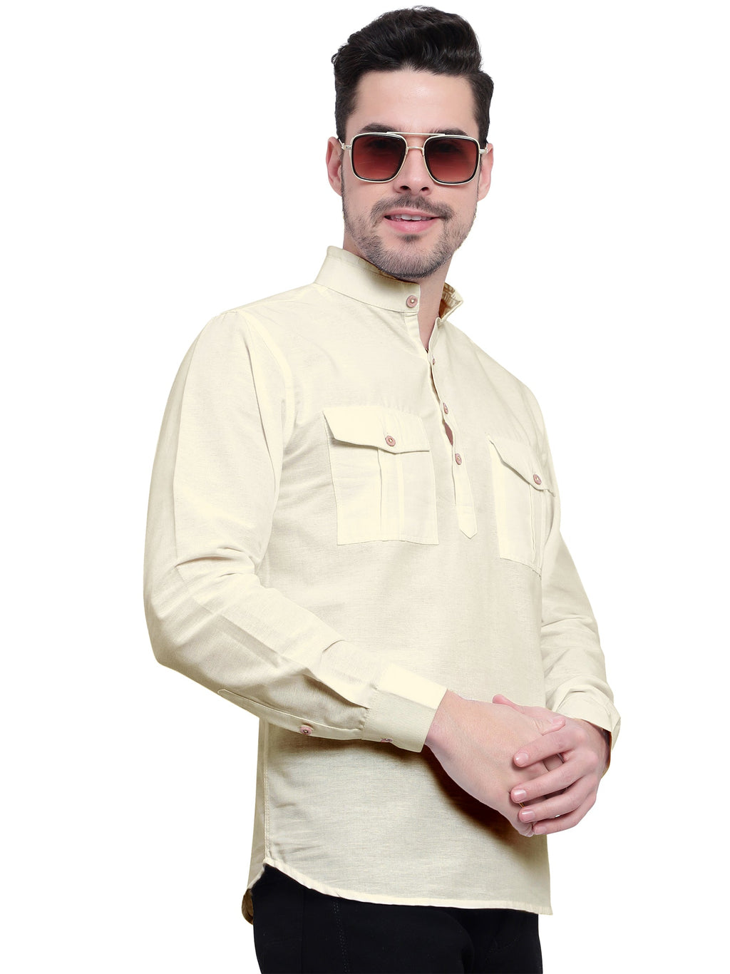BLUE ROBED men's Casual Slim Fit Full Sleeve Double Pocket Cotton Kurta in Beige view 23