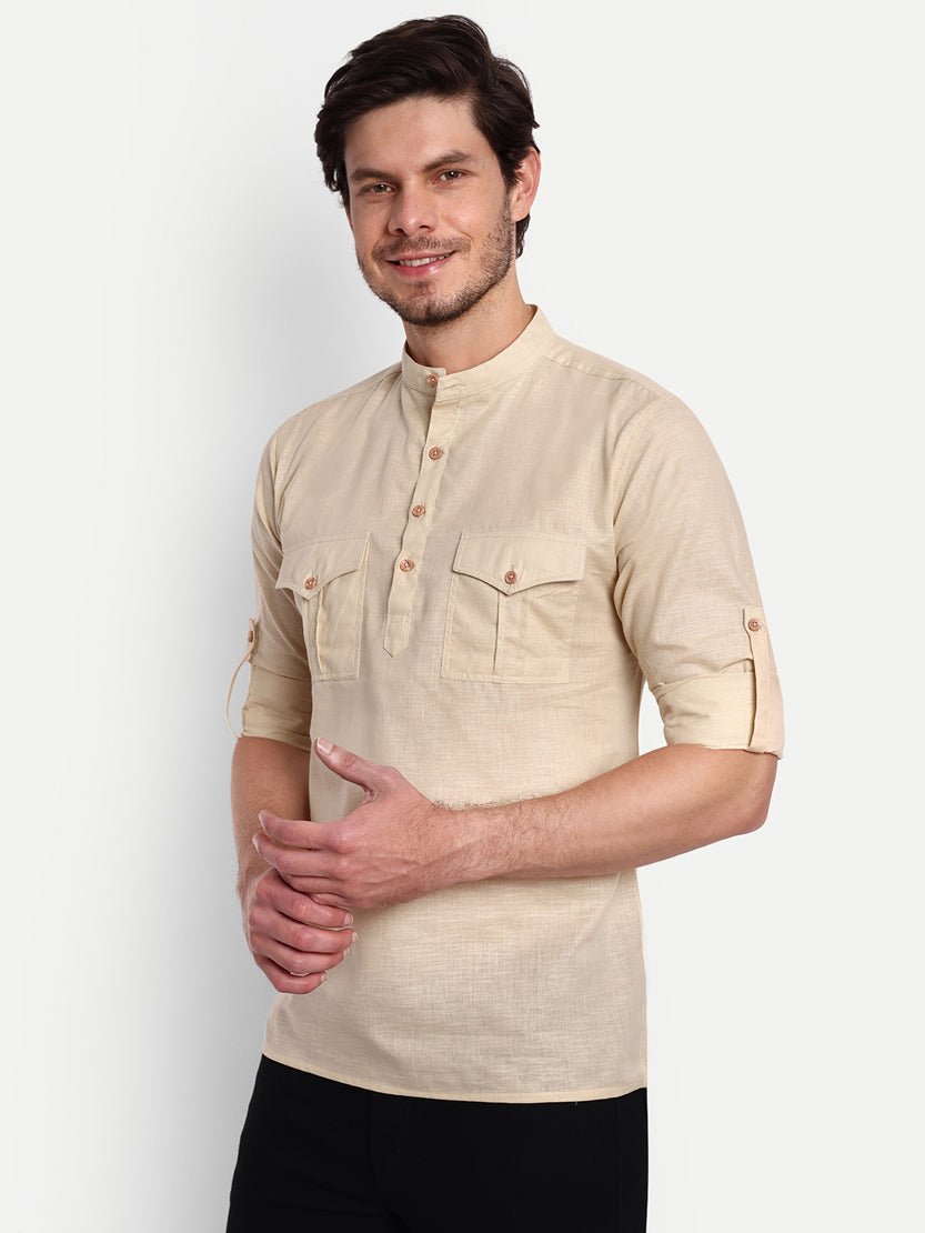 BLUE ROBED men's Casual Slim Fit Full Sleeve Double Pocket Cotton Trendy Kurta in Beige view 30