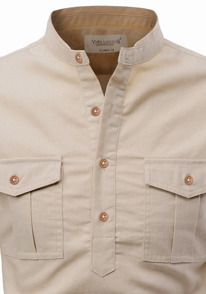 BLUE ROBED men's Casual Slim Fit Full Sleeve Double Pocket Cotton Kurta in Beige view 17