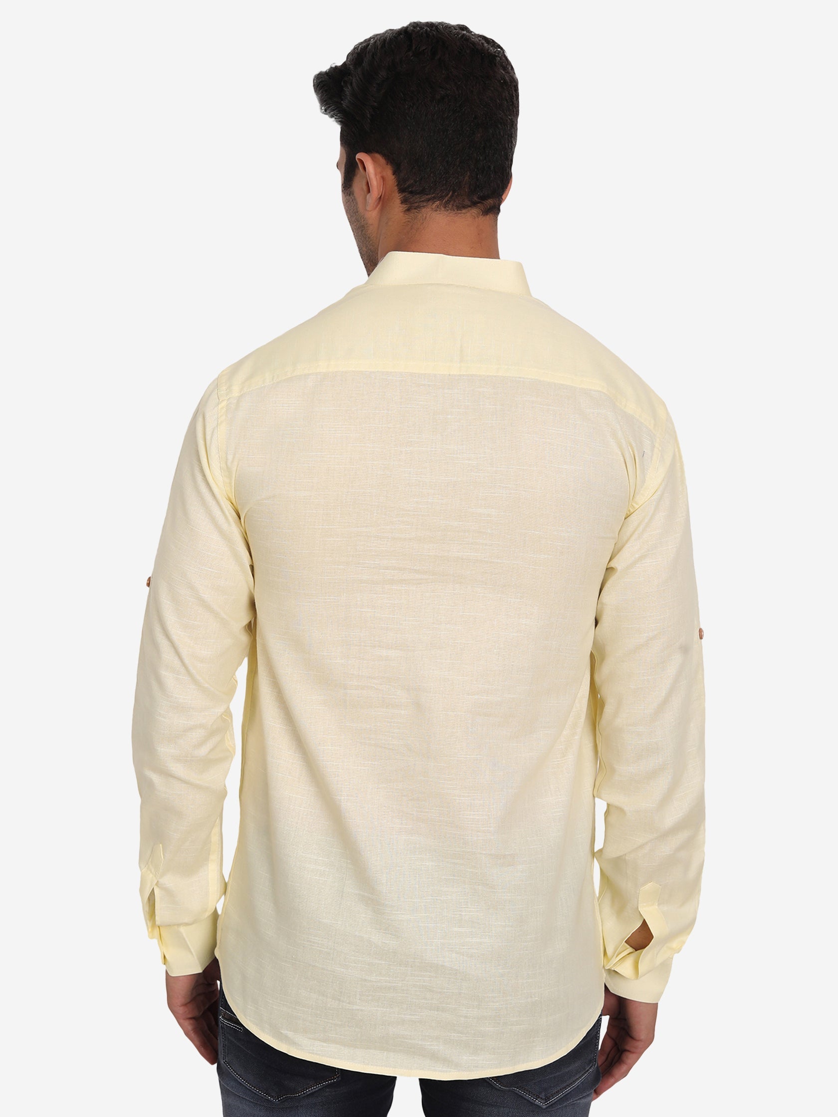 BLUE ROBED Men Double Button Slim Fit Casual Kurta in Beige view 3