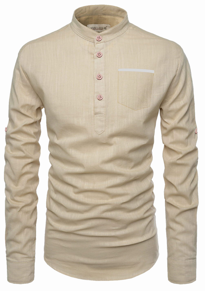 BLUE ROBED men's Casual Slim Fit Full Sleeve Pocket Contrast Kurta in Beige view 8