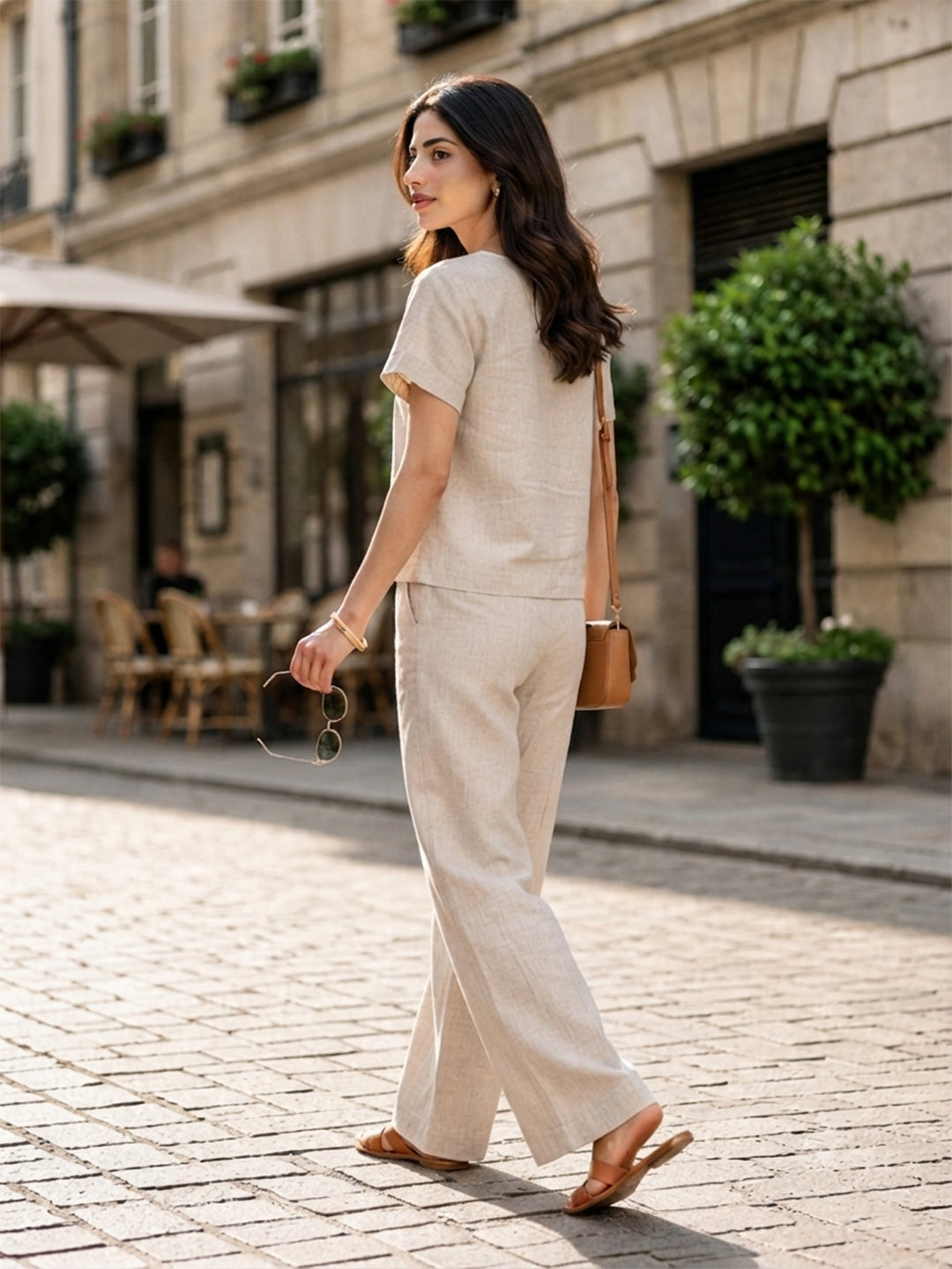 Women's Two Piece Set, Cream, V-Neck Top with Wide Leg Trousers, Short Sleeve