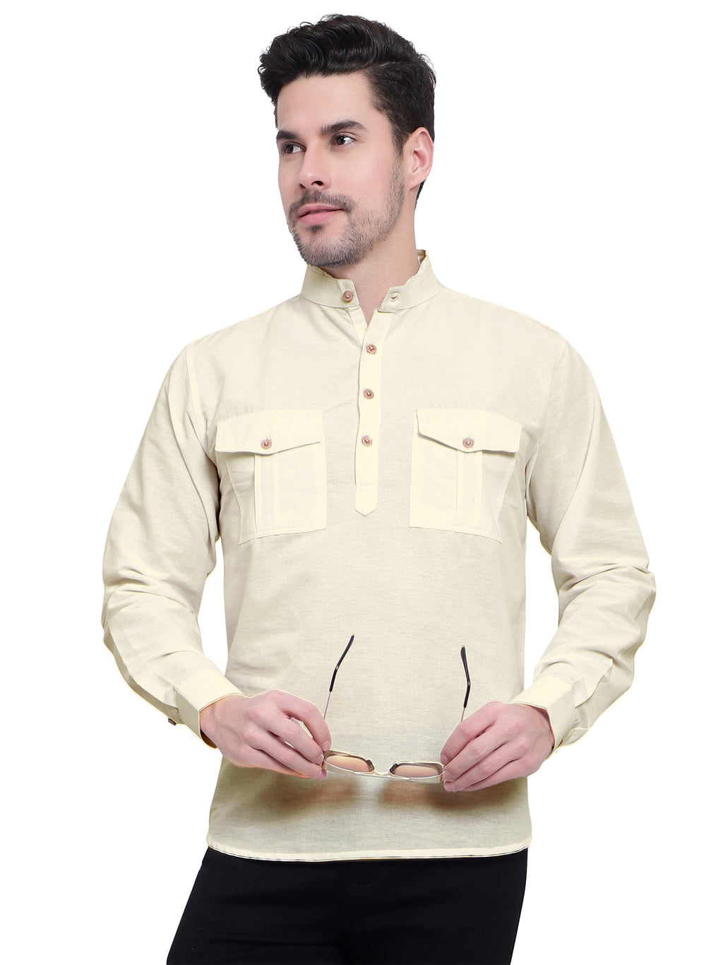 BLUE ROBED men's Casual Slim Fit Full Sleeve Double Pocket Cotton Kurta in Beige view 24
