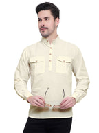 BLUE ROBED men's Casual Slim Fit Full Sleeve Double Pocket Cotton Kurta in Beige view 24