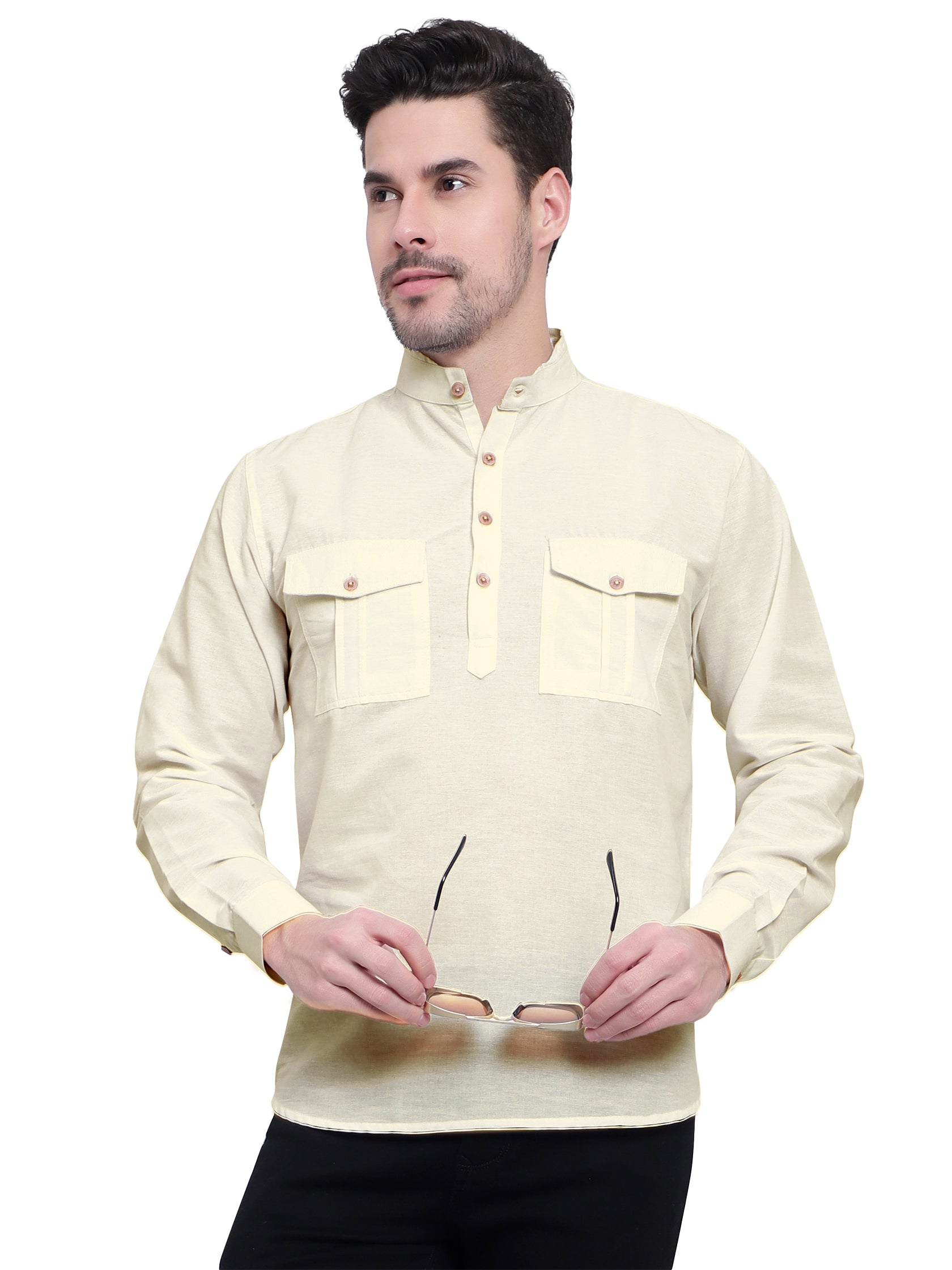 BLUE ROBED men's Casual Slim Fit Full Sleeve Double Pocket Cotton Kurta in Beige view 24