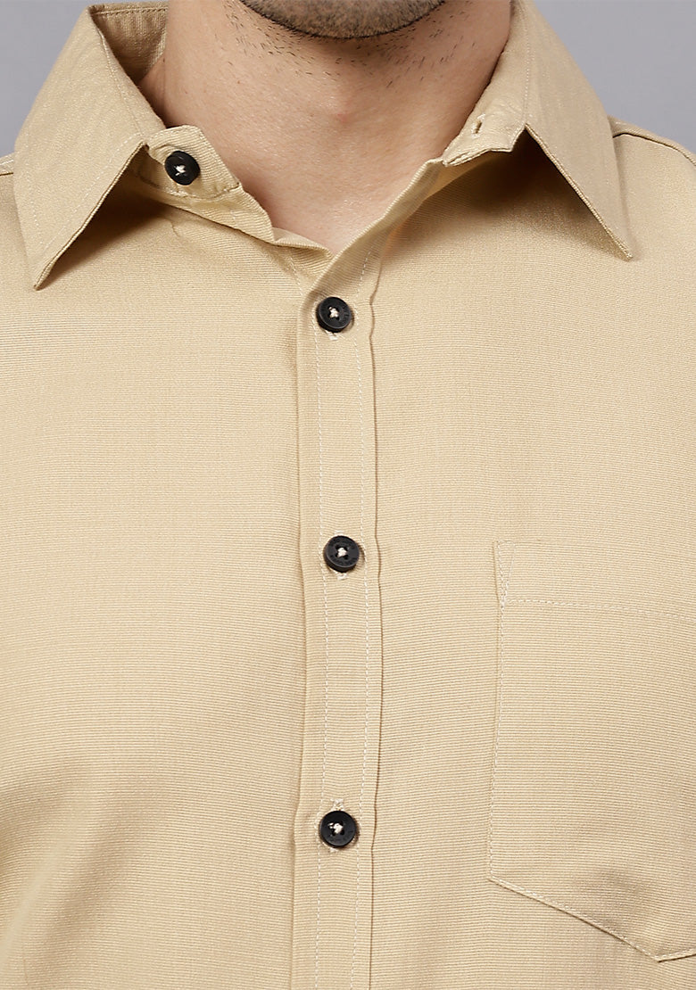 Men's Cotton Blend Slim Fit Formal Shirt in Beige by BLUE ROBED, detail view