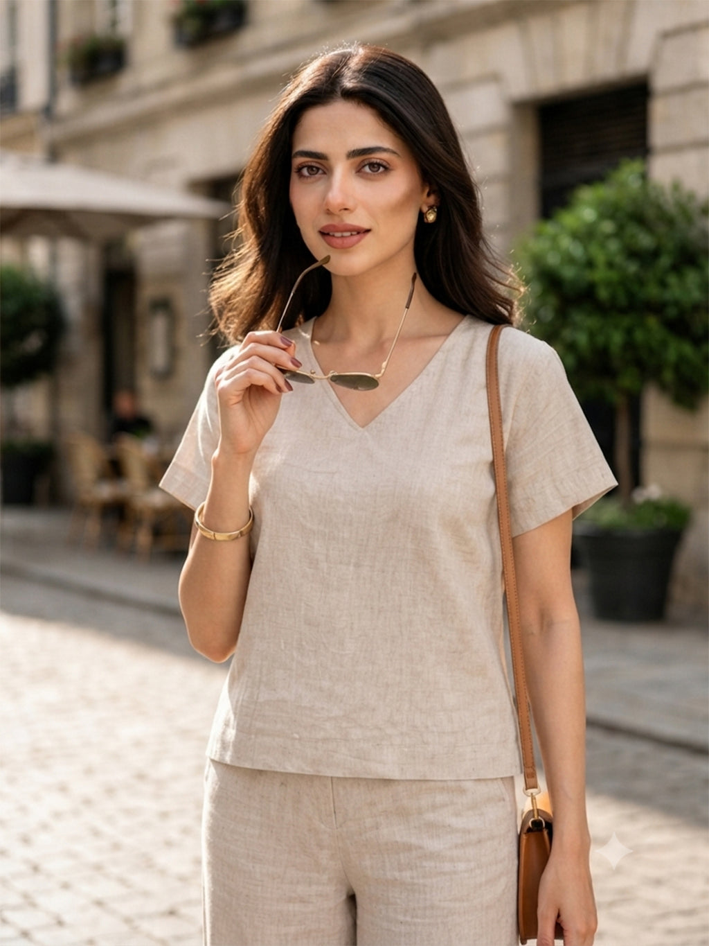 Women's Two Piece Set, Cream, V-Neck Top with Wide Leg Trousers, Short Sleeve