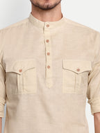 BLUE ROBED men's Casual Slim Fit Full Sleeve Double Pocket Cotton Trendy Kurta in Beige view 32