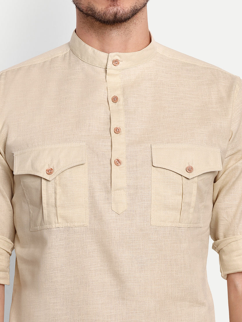 BLUE ROBED men's Casual Slim Fit Full Sleeve Double Pocket Cotton Trendy Kurta in Beige view 32