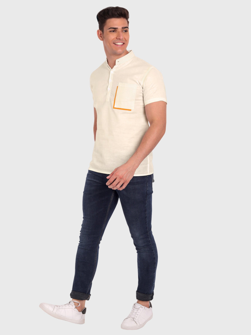 BLUE ROBED men's Casual Half Sleeve Slim Fit Kurta in Beige view 10