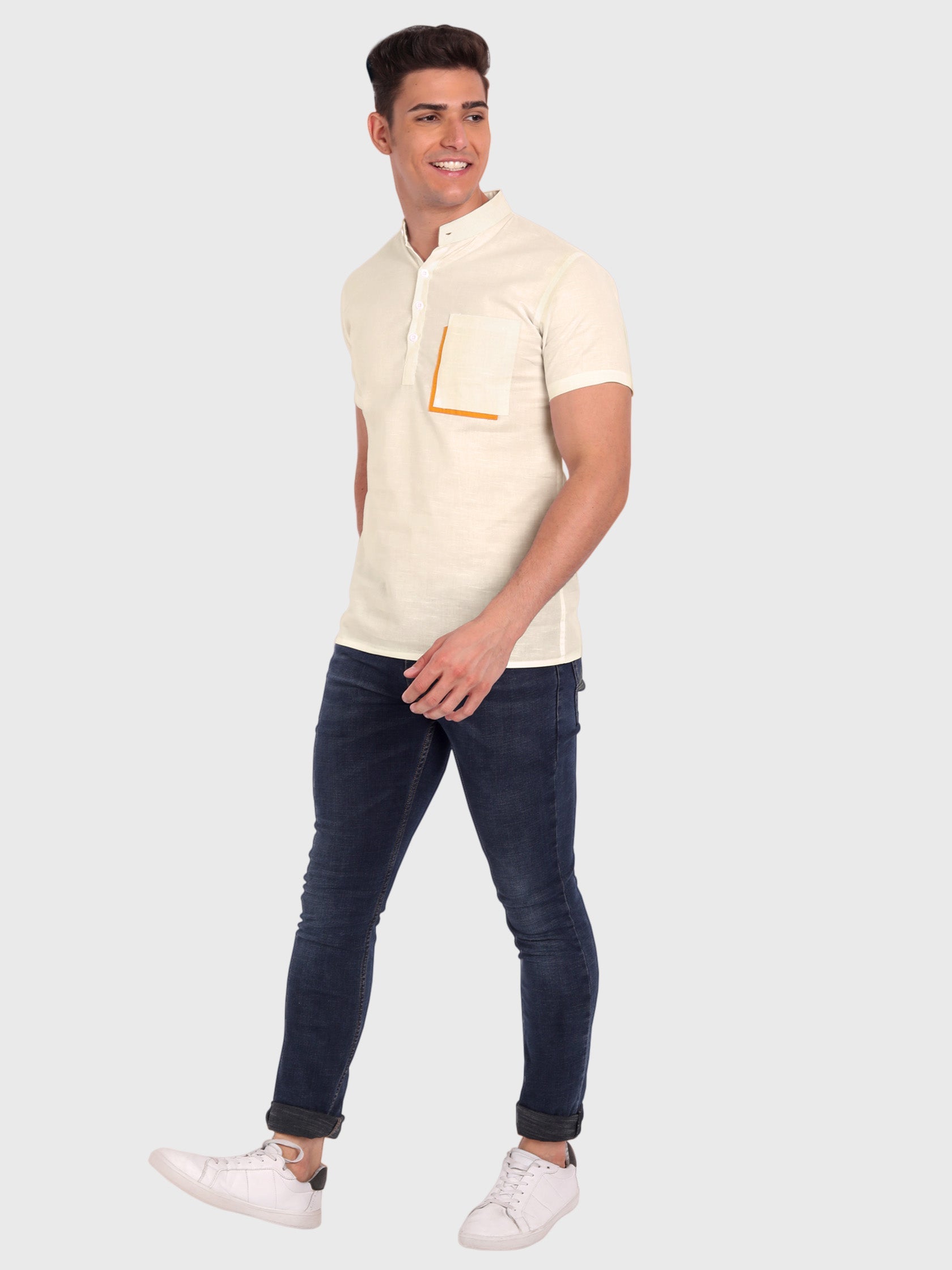 BLUE ROBED men's Casual Half Sleeve Slim Fit Kurta in Beige view 10