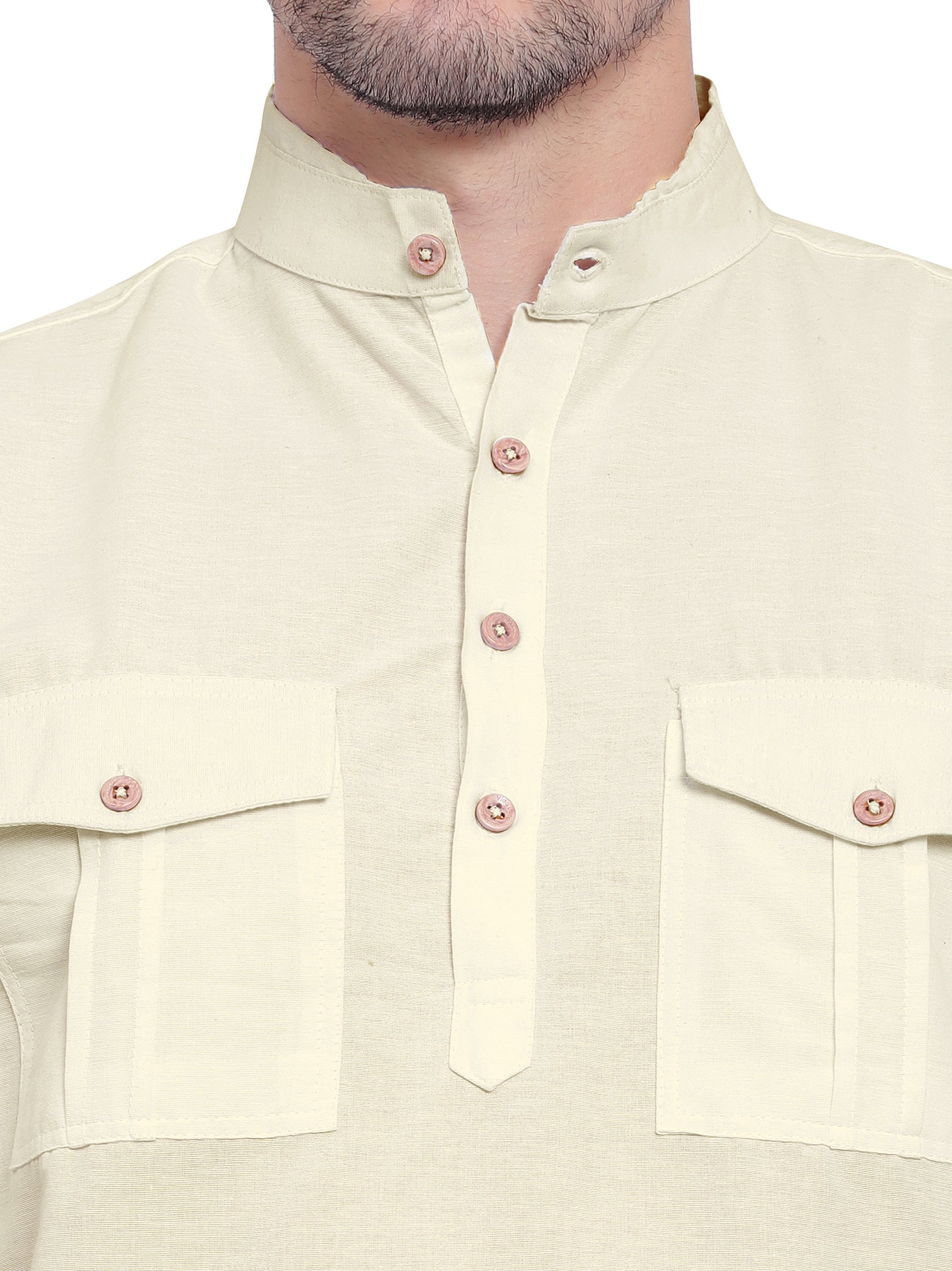 BLUE ROBED men's Casual Slim Fit Full Sleeve Double Pocket Cotton Kurta in Beige view 25
