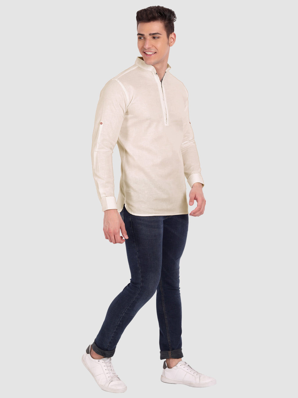 BLUE ROBED men's Casual ZIP Style Full Sleeve Cotton Kurta in Beige view 10