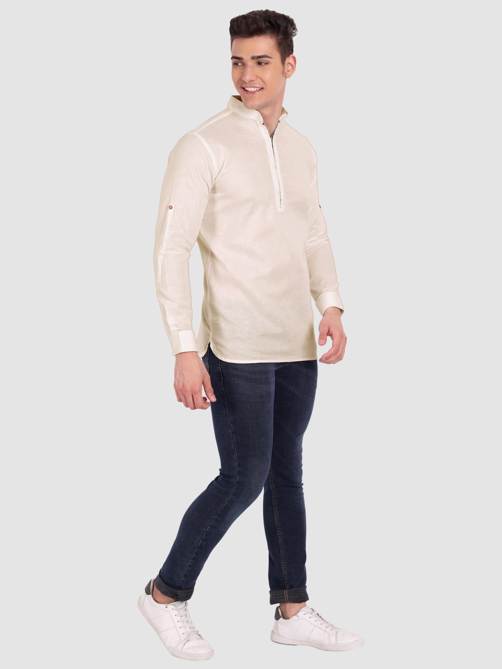 BLUE ROBED men's Casual ZIP Style Full Sleeve Cotton Kurta in Beige view 10