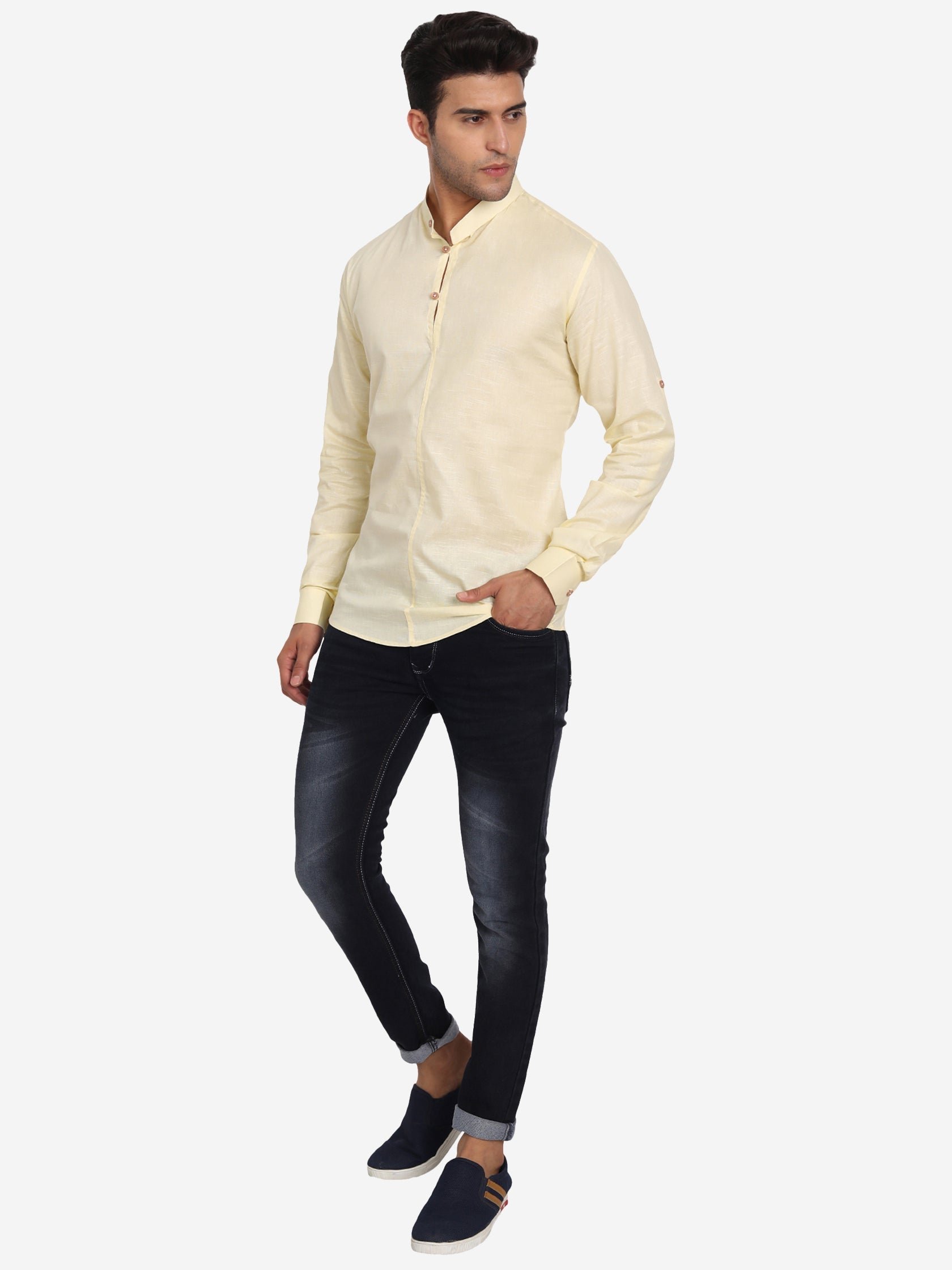 BLUE ROBED Men Double Button Slim Fit Casual Kurta in Beige view 5