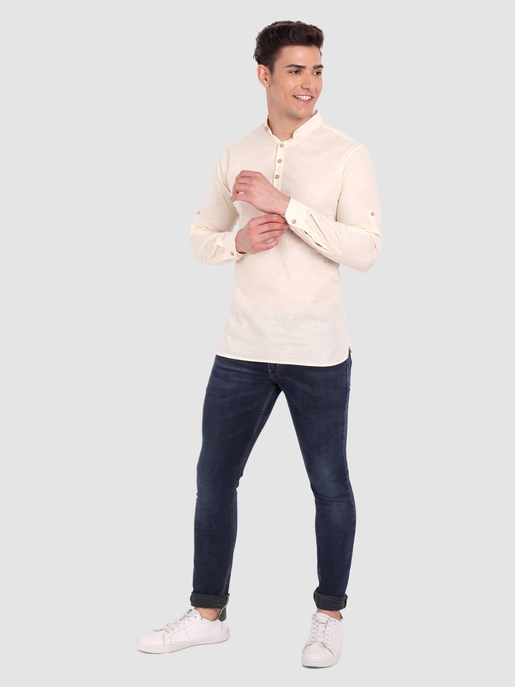 BLUE ROBED men's Casual Slim Fit Full Sleeve Cotton Kurta in Beige style A view 11