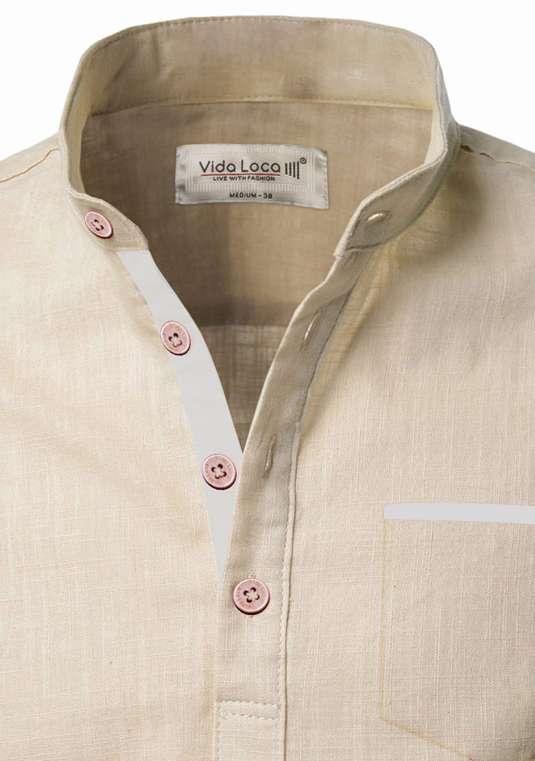BLUE ROBED men's Casual Slim Fit Full Sleeve Pocket Contrast Kurta in Beige view 10