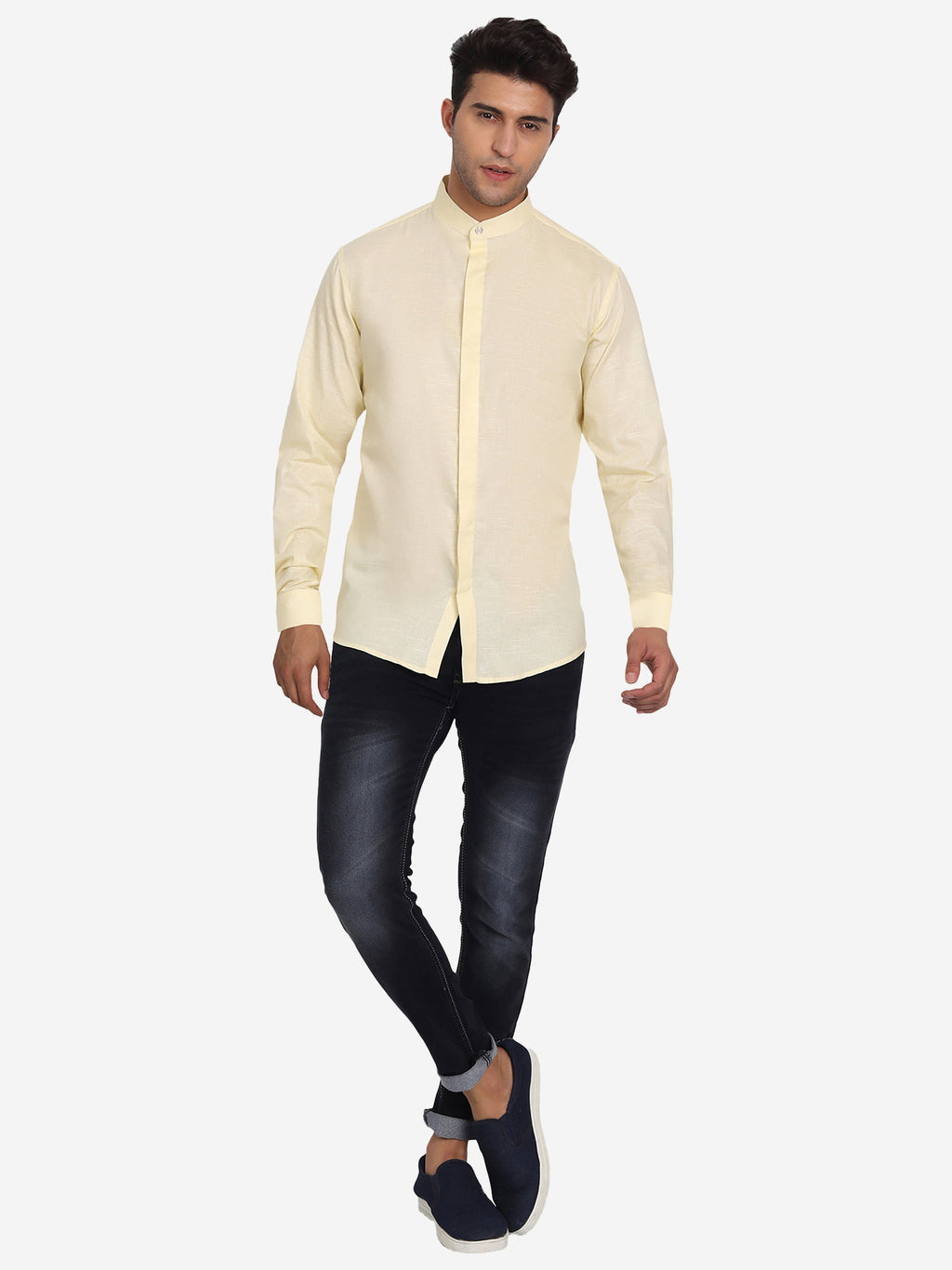 Men's Stitch Button Slim Fit Casual Shirt in White by BLUE ROBED, front view