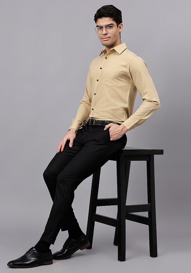 Men's Cotton Blend Slim Fit Formal Shirt in Beige by BLUE ROBED, style view