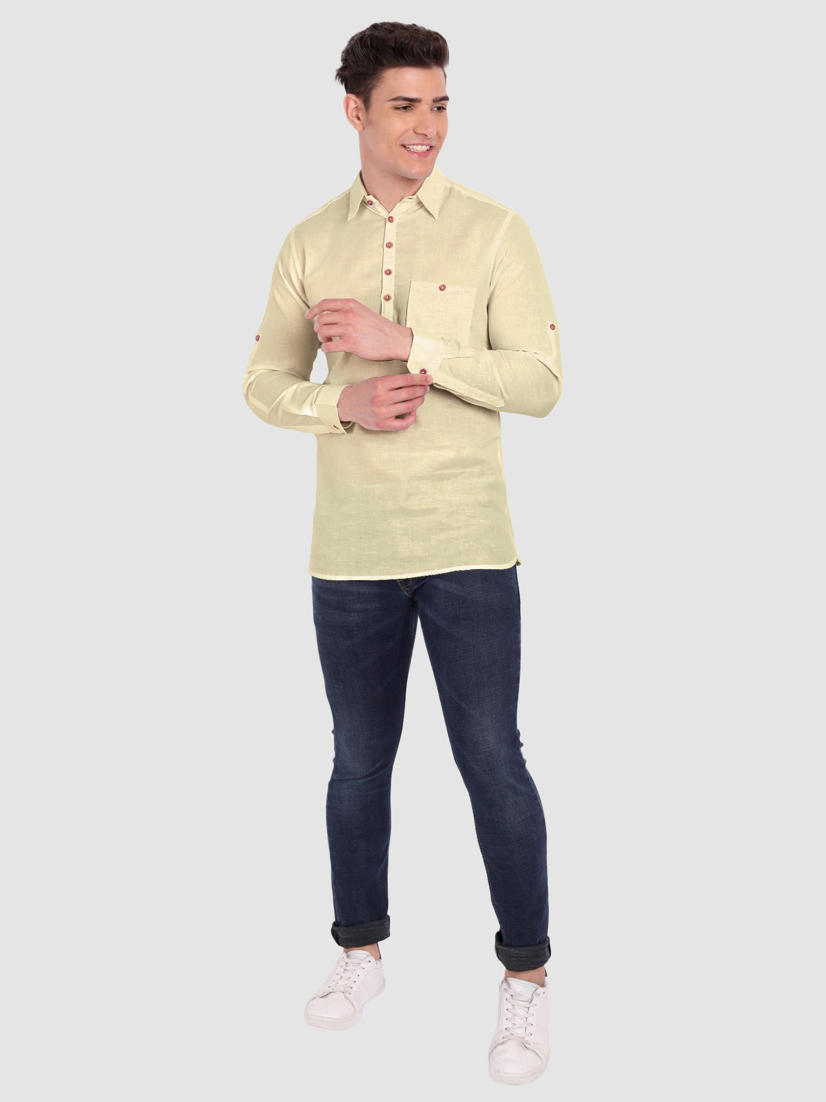 BLUE ROBED men's Full Sleeve Casual Cotton Kurta in Beige style A view 20