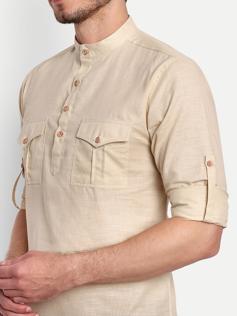 BLUE ROBED men's Casual Slim Fit Full Sleeve Double Pocket Cotton Trendy Kurta in Beige view 33