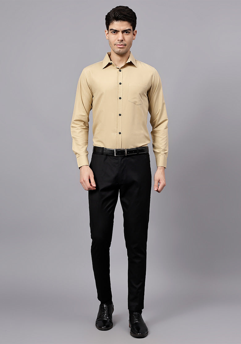 Men's Cotton Blend Slim Fit Formal Shirt in Beige by BLUE ROBED, view
