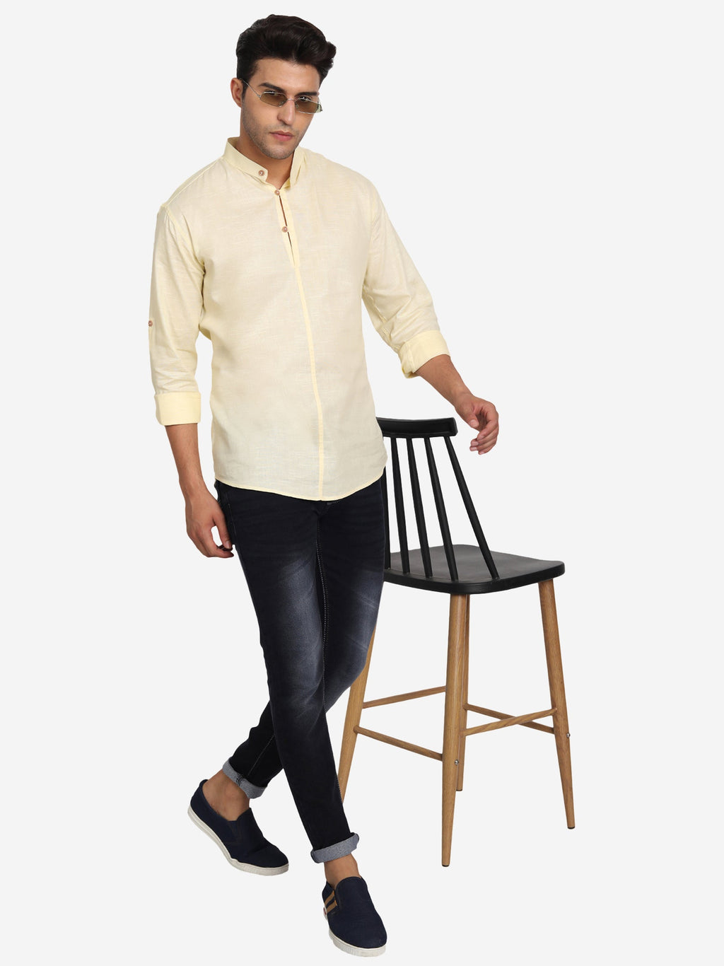 BLUE ROBED Men Double Button Slim Fit Casual Kurta in Beige view 7