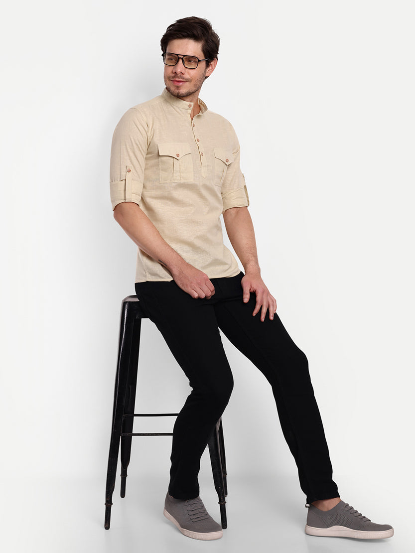 BLUE ROBED men's Casual Slim Fit Full Sleeve Double Pocket Cotton Trendy Kurta in Beige view 34