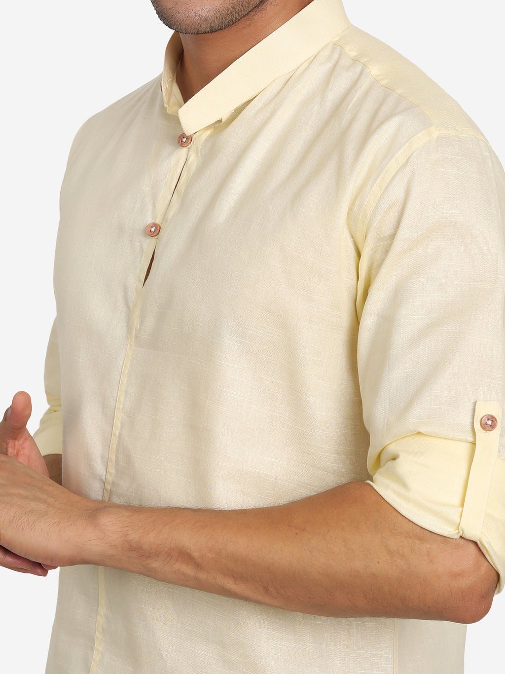 BLUE ROBED Men Double Button Slim Fit Casual Kurta in Beige view 8