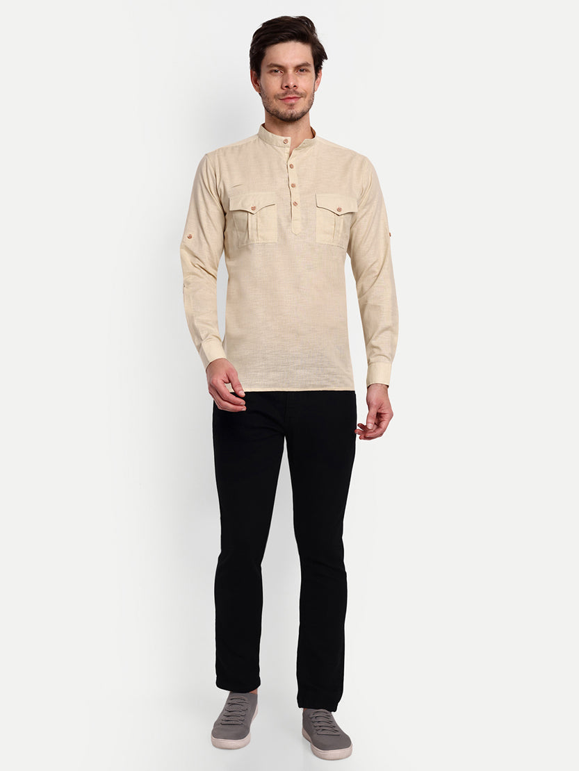 BLUE ROBED men's Casual Slim Fit Full Sleeve Double Pocket Cotton Trendy Kurta in Beige view 35