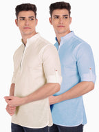 BLUE ROBED men's Casual ZIP Style Full Sleeve Cotton Kurta (Pack 2) in Beige view 6