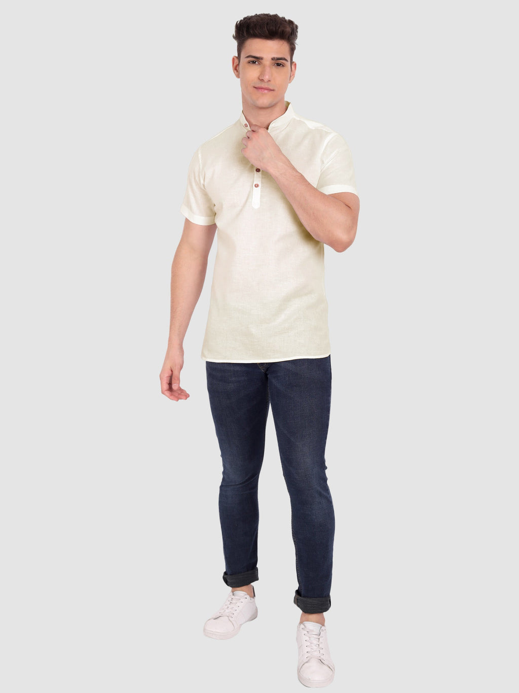 BLUE ROBED men's Half Sleeve Casual Cotton Kurta Daily Wear in Beige view 10
