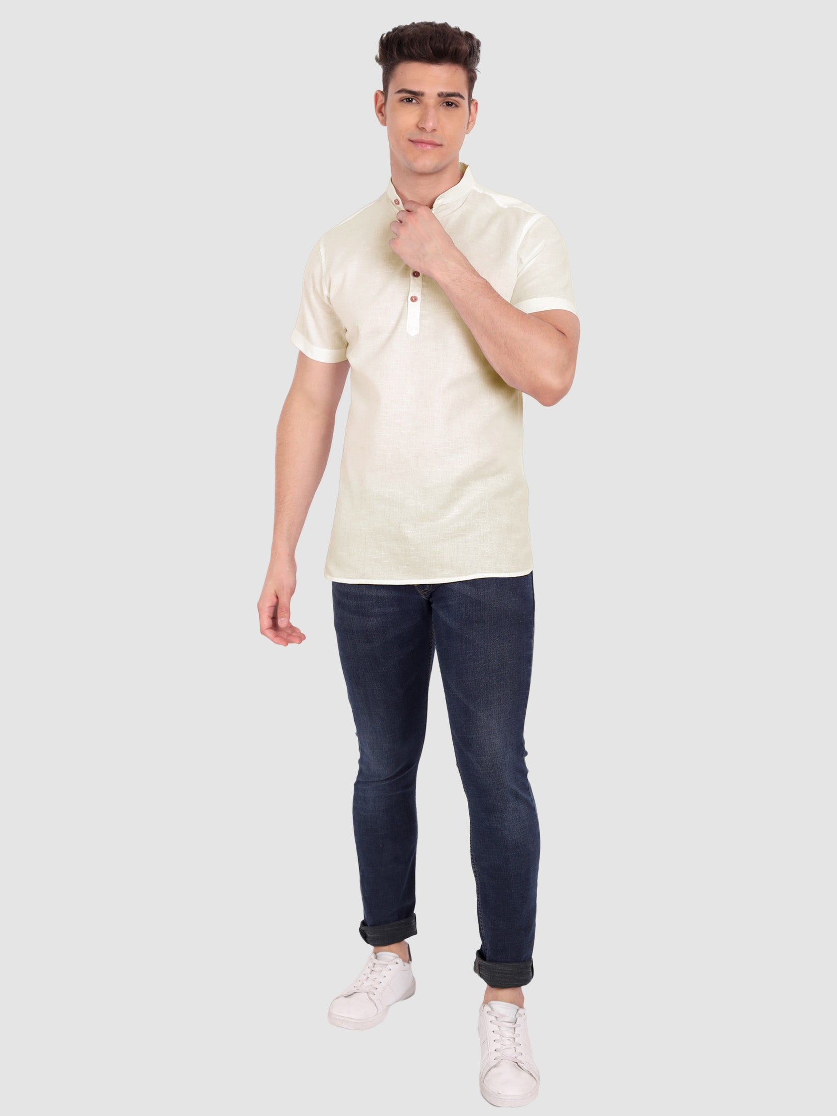 BLUE ROBED men's Half Sleeve Casual Cotton Kurta Daily Wear in Beige view 10