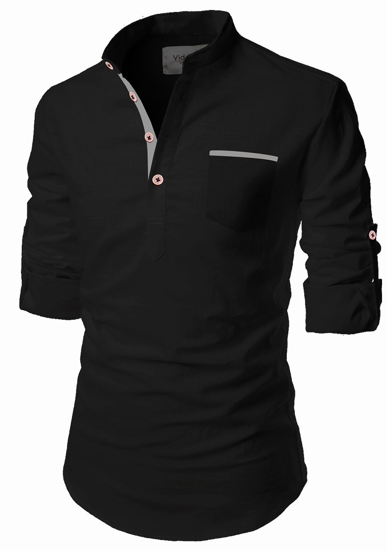 BLUE ROBED men's Casual Slim Fit Full Sleeve Pocket Contrast Kurta in Black view 11