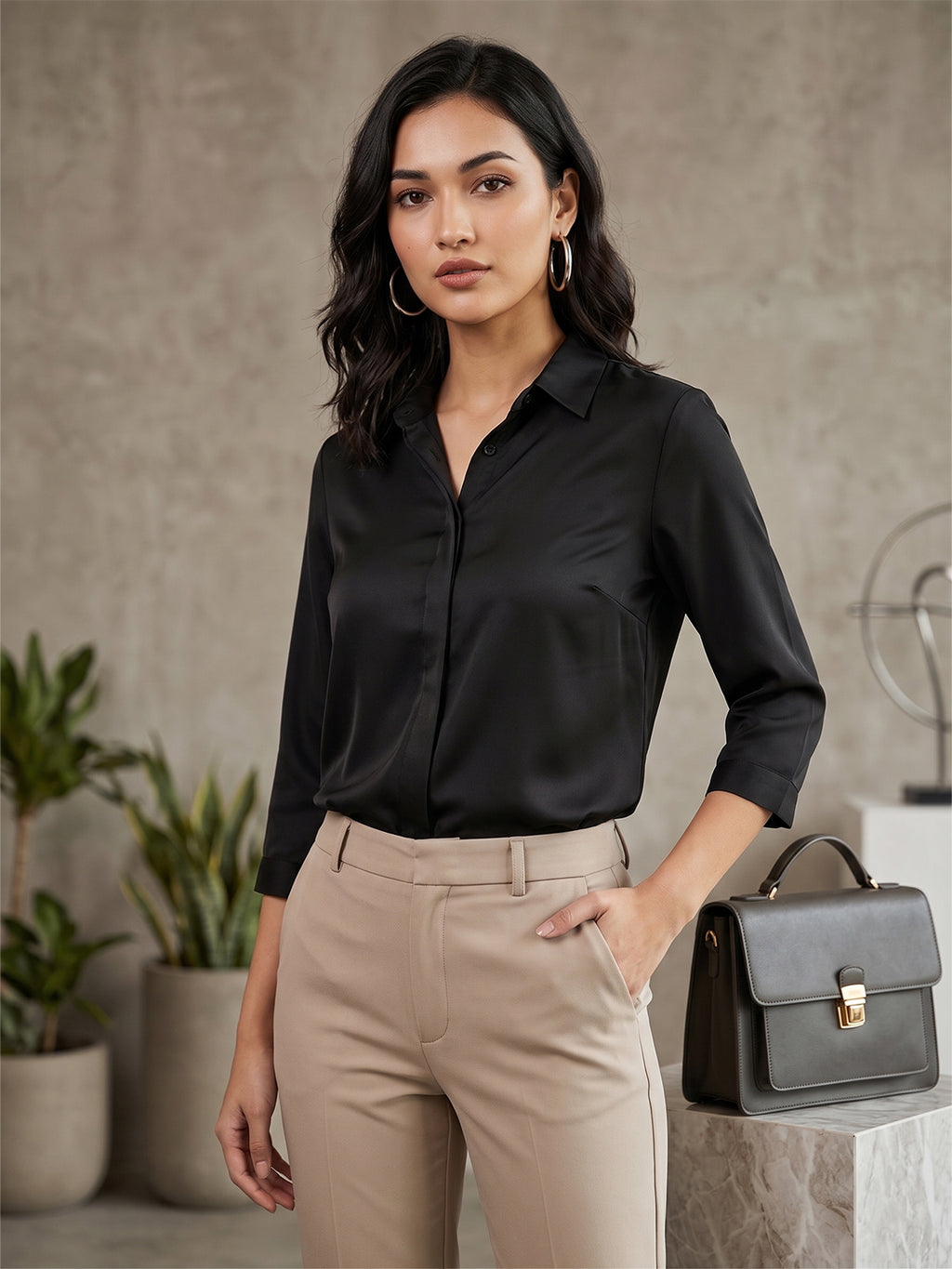 Women’s Solid Formal Shirt – Black | Viscose Rayon Fabric | 3/4th Sleeves