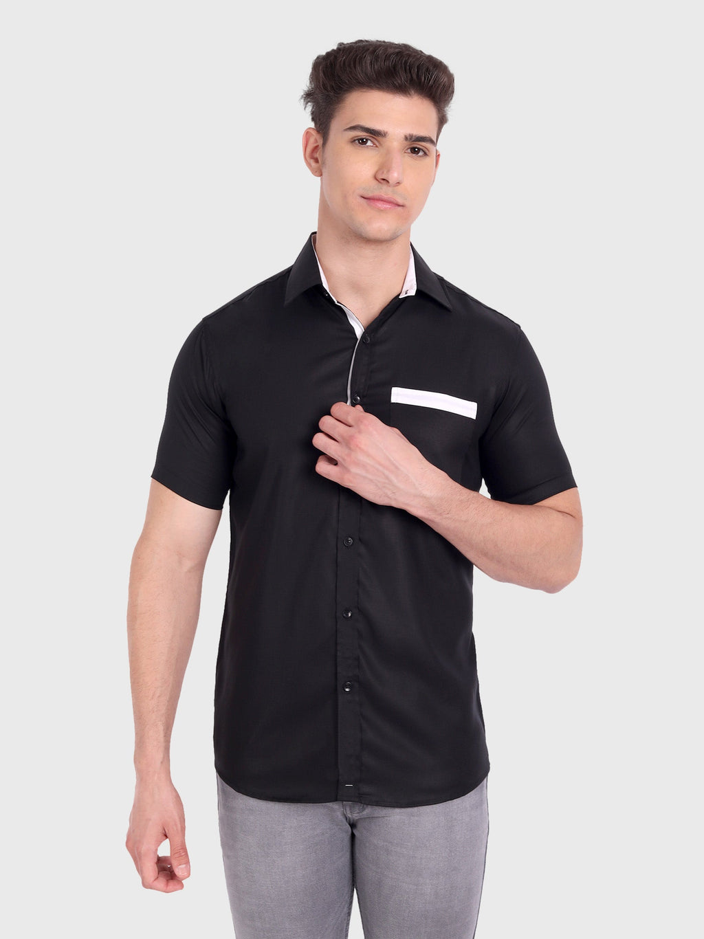 Men's Casual Half Sleeve Silver Button Shirt in Black by BLUE ROBED, style view