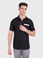 Men's Casual Half Sleeve Silver Button Shirt in Black by BLUE ROBED, style view