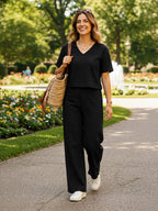 Women's Two Piece Set, Black, V-Neck Top with Wide Leg Trousers, Short Sleeve
