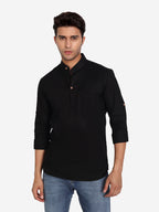 BLUE ROBED Men Pure Cotton Broad Placket Short Kurta in Black view 14