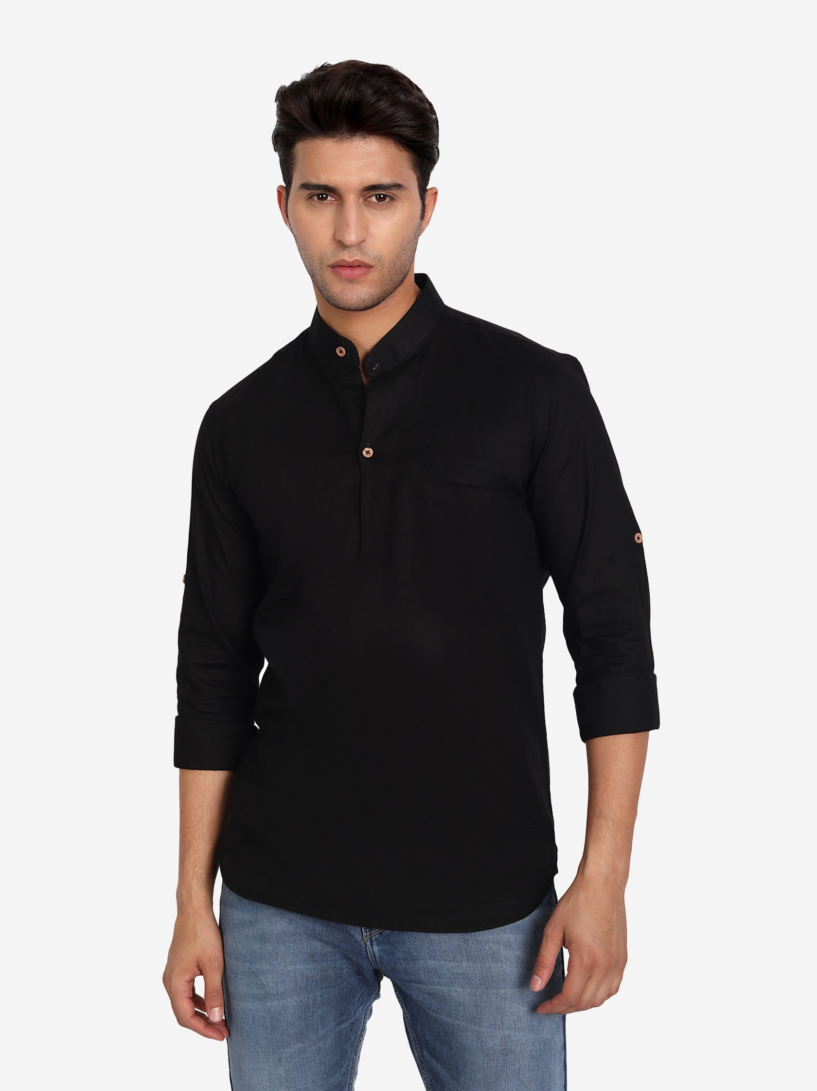 BLUE ROBED Men Pure Cotton Broad Placket Short Kurta in Black view 14